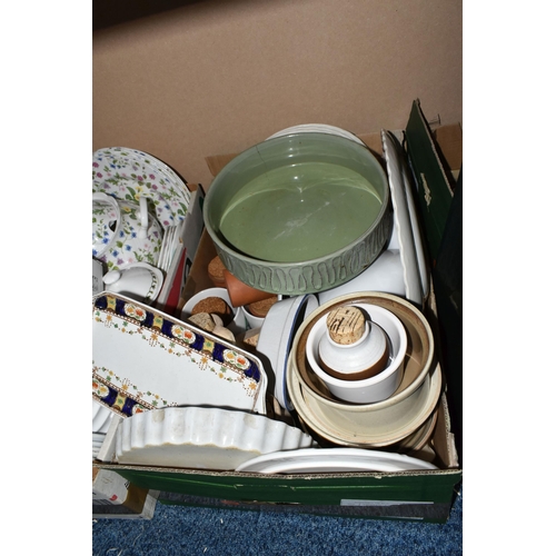 447 - SEVEN BOXES OF CERAMIC KITCHENWARE to include a pair of Le Creuset cobalt patterned mini 8oz cocotte... 