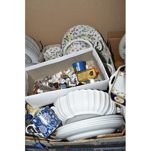 447 - SEVEN BOXES OF CERAMIC KITCHENWARE to include a pair of Le Creuset cobalt patterned mini 8oz cocotte... 