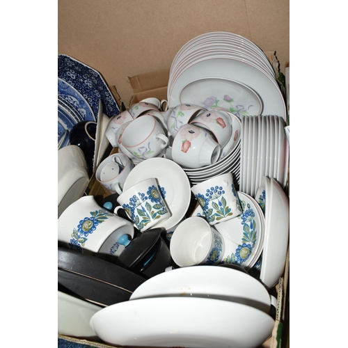 447 - SEVEN BOXES OF CERAMIC KITCHENWARE to include a pair of Le Creuset cobalt patterned mini 8oz cocotte... 