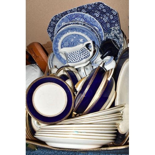 447 - SEVEN BOXES OF CERAMIC KITCHENWARE to include a pair of Le Creuset cobalt patterned mini 8oz cocotte... 