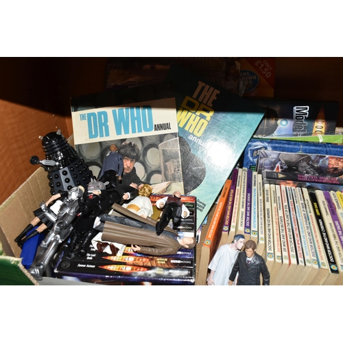 450 - TWO BOXES OF DOCTOR WHO BOOKS, MAGAZINES, ACTION FIGURES AND OTHER ITEMS, to include twenty seven 19... 