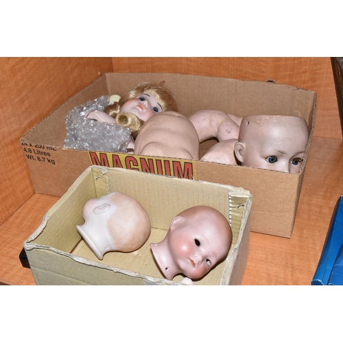 458 - THREE BOXES AND LOOSE DOLLS AND ACCESSORIES, to include bisque doll's heads and parts, heads includi... 