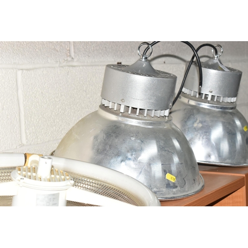 478 - A GROUP OF LIGHTING, comprising two large industrial style pendant lights, model number 20866 and tw... 