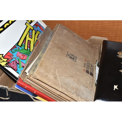 487 - A BOX OF EPHEMERA, RECORDS, PHOTOGRAPH ALBUM AND SUNDRY ITEMS, to include an empty Japanese black la... 