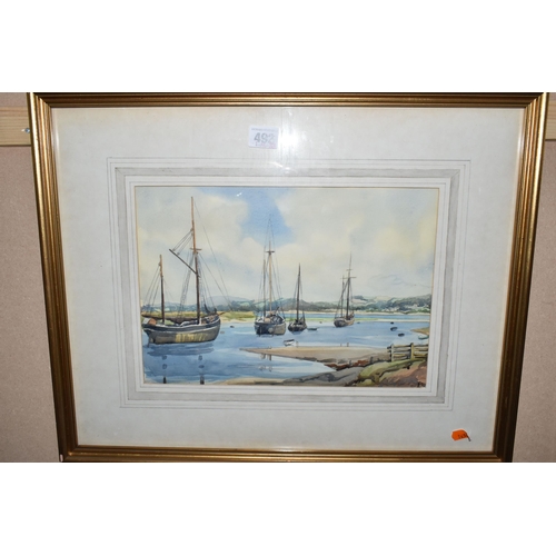 492 - A SMALL QUANTITY OF PICTURES AND PRINTS ETC, comprising  a watercolour depicting boats in Braunton c... 