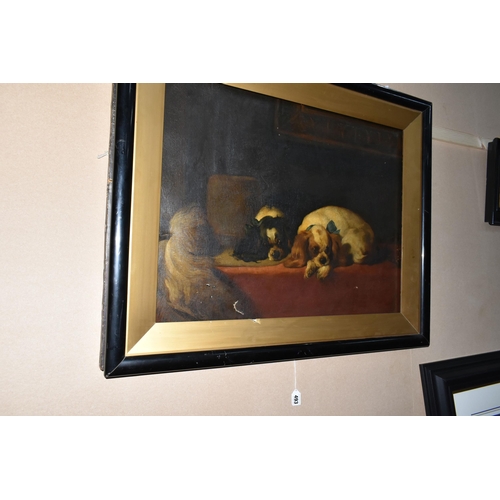 493 - A LATE 19TH CENTURY STUDY OF 'KING CHARLES SPANIELS' AFTER LANDSEER, no visible signature, oil on ca... 