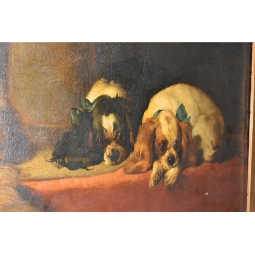 493 - A LATE 19TH CENTURY STUDY OF 'KING CHARLES SPANIELS' AFTER LANDSEER, no visible signature, oil on ca... 