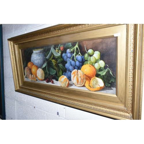 499 - H. DUDLEY (ENGLISH SCHOOL) A STILL LIFE STUDY OF FRUIT, depicting oranges, grapes, cherries and stra... 