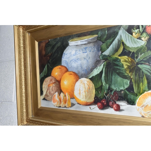 499 - H. DUDLEY (ENGLISH SCHOOL) A STILL LIFE STUDY OF FRUIT, depicting oranges, grapes, cherries and stra... 