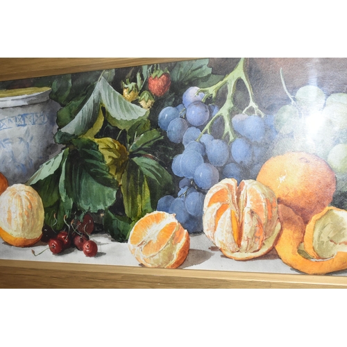 499 - H. DUDLEY (ENGLISH SCHOOL) A STILL LIFE STUDY OF FRUIT, depicting oranges, grapes, cherries and stra... 