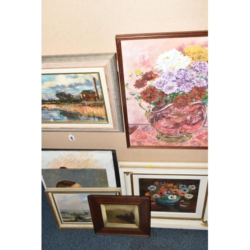 504 - A SMALL SELECTION OF OIL PAINTINGS, comprising an indistinctly signed landscape with a Victorian pum... 