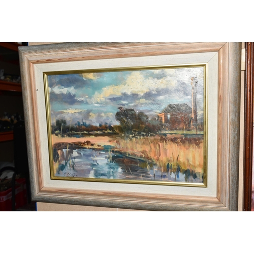 504 - A SMALL SELECTION OF OIL PAINTINGS, comprising an indistinctly signed landscape with a Victorian pum... 