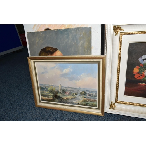 504 - A SMALL SELECTION OF OIL PAINTINGS, comprising an indistinctly signed landscape with a Victorian pum... 