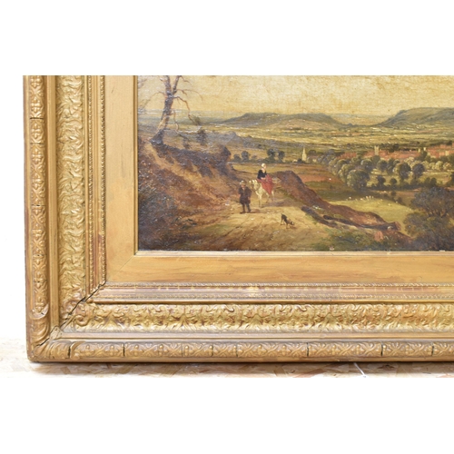 508 - A LATE 19TH CENTURY ENGLISH SCHOOL LANDSCAPE, an extensive landscape with a male figure leading a do... 