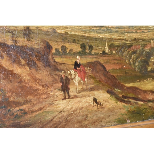 508 - A LATE 19TH CENTURY ENGLISH SCHOOL LANDSCAPE, an extensive landscape with a male figure leading a do... 