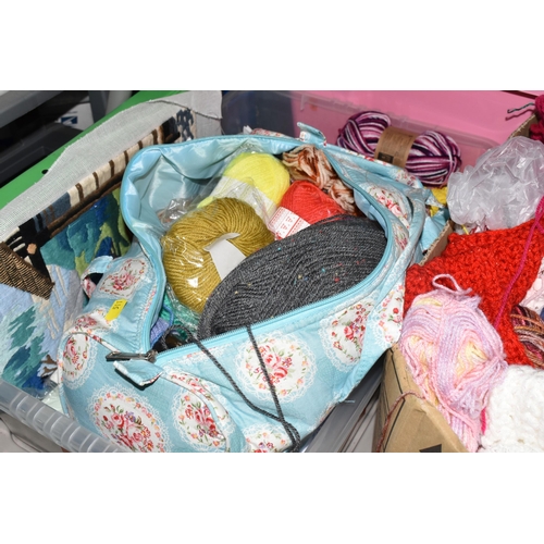 511 - SIX BOXES AND LOOSE EMBROIDERY AND KNITTING SUPPLIES to include a box of lace trimmings, a box of ri... 