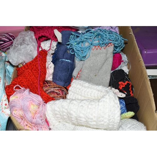 511 - SIX BOXES AND LOOSE EMBROIDERY AND KNITTING SUPPLIES to include a box of lace trimmings, a box of ri... 