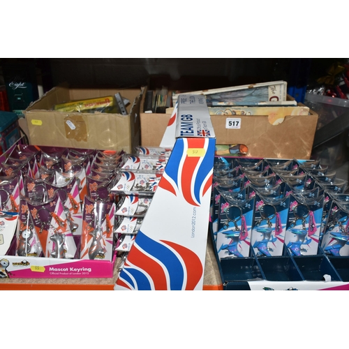 517 - TWO BOXES AND LOOSE MISCELLANEOUS COLLECTABLES to include twenty one Mandeville paralympic mascot ke... 