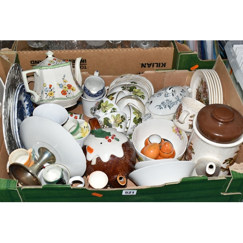 521 - FOUR BOXES OF CERAMICS AND GLASSWARE, to include a Palissy coffee pot and tea plates, Dorchester tea... 