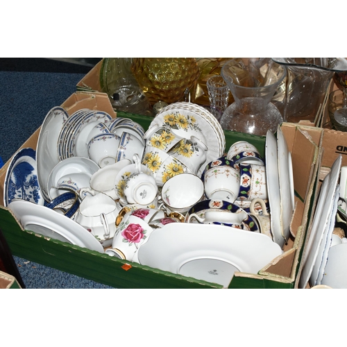 521 - FOUR BOXES OF CERAMICS AND GLASSWARE, to include a Palissy coffee pot and tea plates, Dorchester tea... 