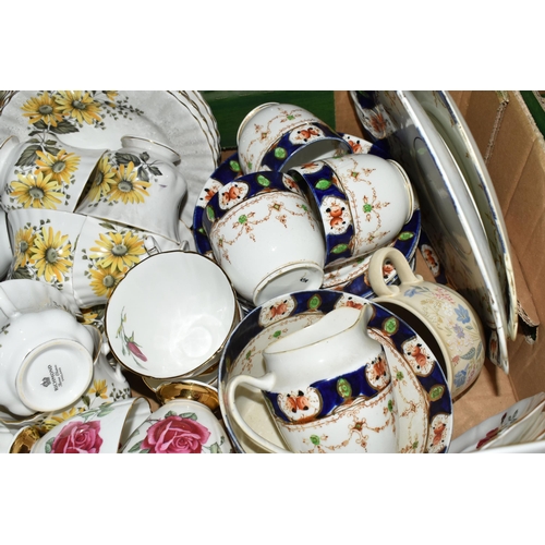 521 - FOUR BOXES OF CERAMICS AND GLASSWARE, to include a Palissy coffee pot and tea plates, Dorchester tea... 