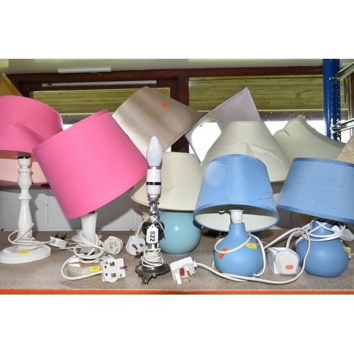 522 - ELEVEN ASSORTED TABLE LAMPS, to include two alabaster examples, some lamps have been overpainted (11... 