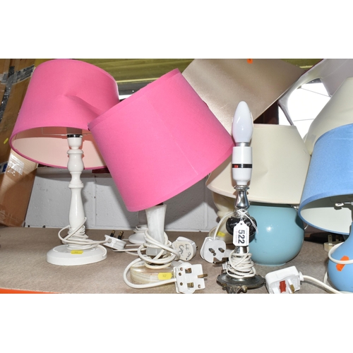 522 - ELEVEN ASSORTED TABLE LAMPS, to include two alabaster examples, some lamps have been overpainted (11... 