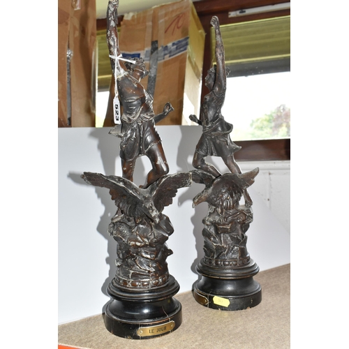 523 - TWO CLASSICAL SPELTER FIGURES, titled in French 'Day' and 'Night', 'Day' has a broken wing tip but i... 