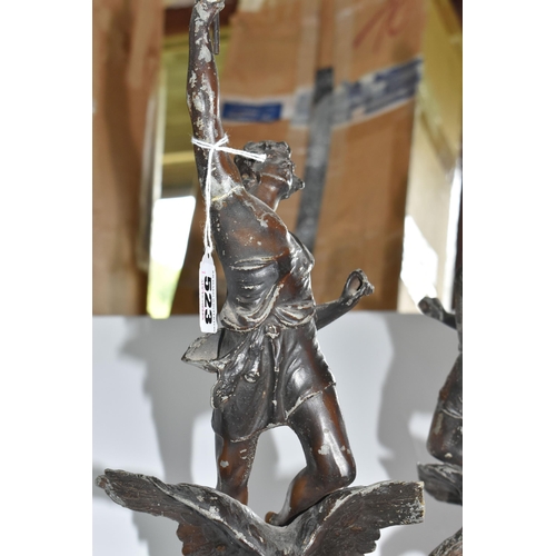 523 - TWO CLASSICAL SPELTER FIGURES, titled in French 'Day' and 'Night', 'Day' has a broken wing tip but i... 