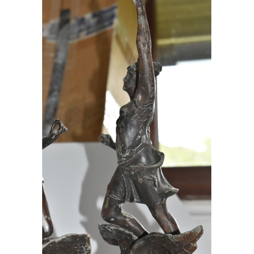 523 - TWO CLASSICAL SPELTER FIGURES, titled in French 'Day' and 'Night', 'Day' has a broken wing tip but i... 