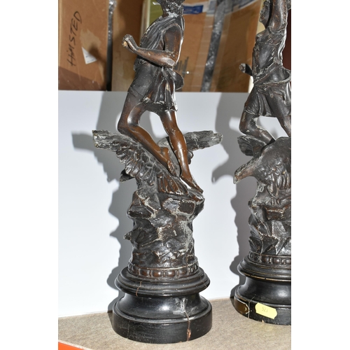 523 - TWO CLASSICAL SPELTER FIGURES, titled in French 'Day' and 'Night', 'Day' has a broken wing tip but i... 