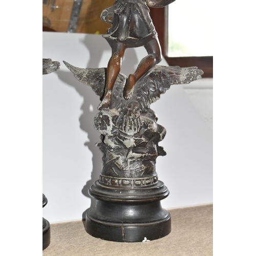 523 - TWO CLASSICAL SPELTER FIGURES, titled in French 'Day' and 'Night', 'Day' has a broken wing tip but i... 