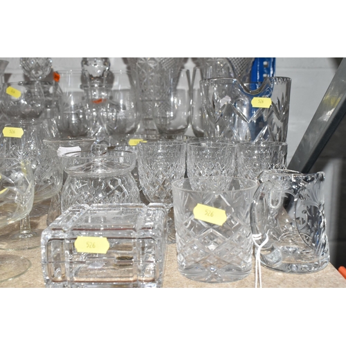 526 - A QUANTITY OF CUT GLASS WARES, to include a set of six brandy glasses, two Royal Brierley wine glass... 