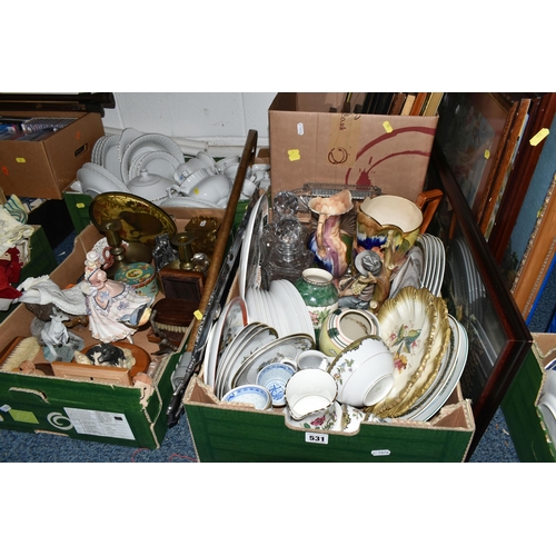 531 - FOUR BOXES AND LOOSE CERAMICS, ORNAMENTS AND PICTURES ETC, to include a Border Fine Arts lying calf,... 