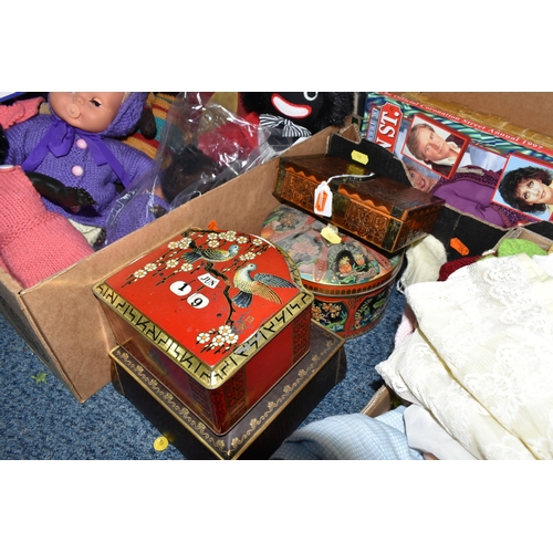 532 - SEVEN BOXES OF ASSORTED SUNDRY ITEMS ETC, to include a black skinned doll with sleeping eyes and red... 