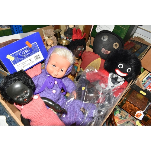 532 - SEVEN BOXES OF ASSORTED SUNDRY ITEMS ETC, to include a black skinned doll with sleeping eyes and red... 