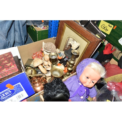 532 - SEVEN BOXES OF ASSORTED SUNDRY ITEMS ETC, to include a black skinned doll with sleeping eyes and red... 