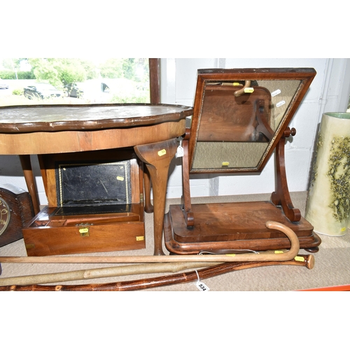 534 - ASSORTED WOOD ITEMS, to include three walking sticks, dressing table mirror, small side table, Victo... 