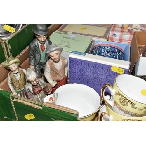 539 - FOUR BOXES OF GLASS AND CERAMIC HOMEWARE AND SUNDRIES, to include Wedgwood Beatrix Potter design Pet... 