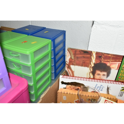 540 - FIVE BOXES AND LOOSE MISCELLANEOUS, to include plastic storage drawers small and medium (7), case to... 