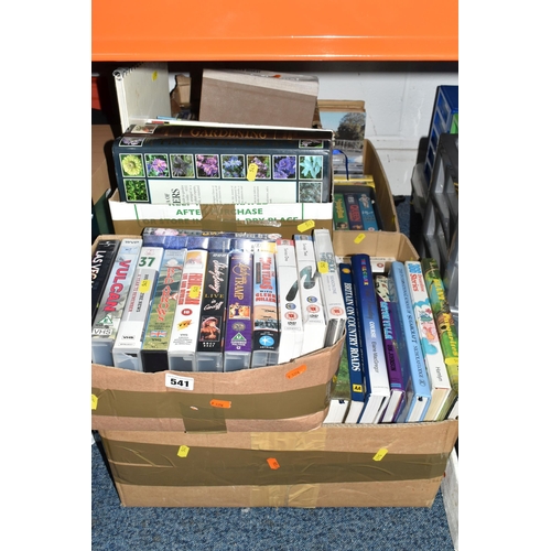 541 - FIVE BOXES OF BOOKS, CDs, DVDs & VHS TAPES, book subjects include gardening, children's, AA guides a... 