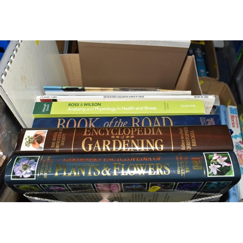 541 - FIVE BOXES OF BOOKS, CDs, DVDs & VHS TAPES, book subjects include gardening, children's, AA guides a... 