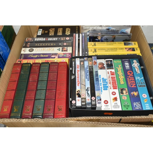 541 - FIVE BOXES OF BOOKS, CDs, DVDs & VHS TAPES, book subjects include gardening, children's, AA guides a... 