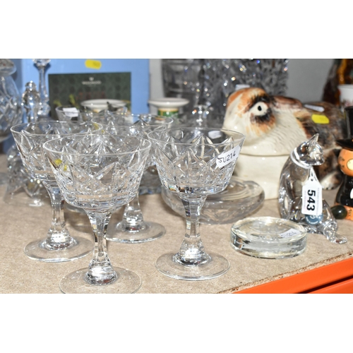 543 - A GROUP OF GLASSWARE AND CERAMICS, comprising a Lenox Crystal cat paperweight, five Brierly Crystal ... 