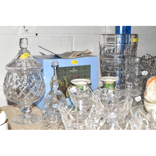 543 - A GROUP OF GLASSWARE AND CERAMICS, comprising a Lenox Crystal cat paperweight, five Brierly Crystal ... 