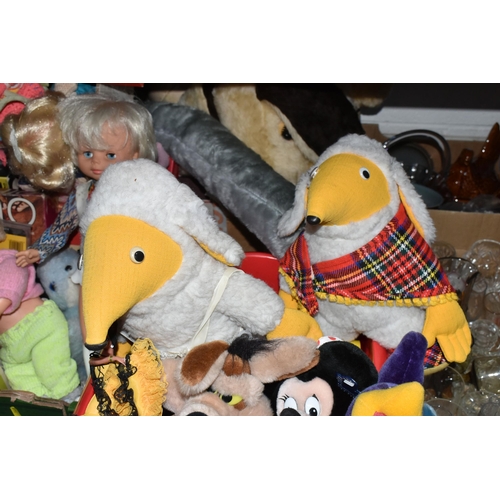 548 - FIVE BOXES OF SOFT TOYS, DOLLS AND BOOKS, to include a collection of vintage jigsaws, Warner Brother... 