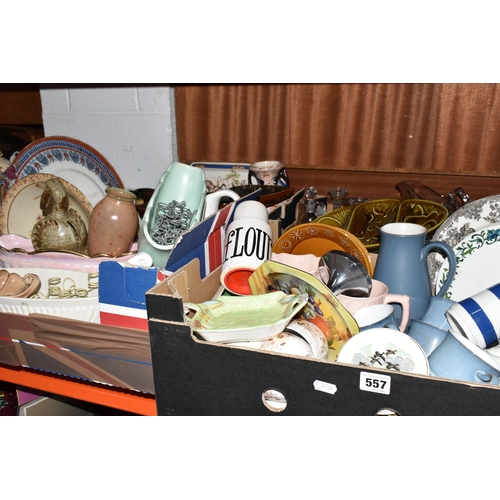 557 - SIX BOXES OF CERAMICS, ORNAMENTS AND GLASSWARE,  to include a Denby 'Castile Blue' design pitcher, m... 