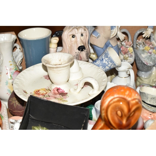 557 - SIX BOXES OF CERAMICS, ORNAMENTS AND GLASSWARE,  to include a Denby 'Castile Blue' design pitcher, m... 