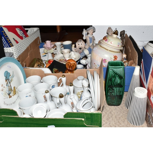 557 - SIX BOXES OF CERAMICS, ORNAMENTS AND GLASSWARE,  to include a Denby 'Castile Blue' design pitcher, m... 