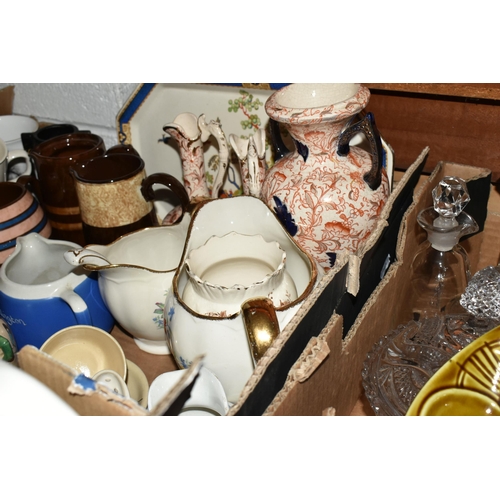 557 - SIX BOXES OF CERAMICS, ORNAMENTS AND GLASSWARE,  to include a Denby 'Castile Blue' design pitcher, m... 